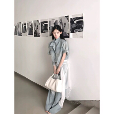 批发2026夏季新款气质宽松休闲短款立领牛仔外套<b class='q'>高腰</b>直筒阔腿长裤套装