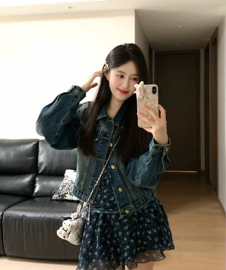 진한 파란색 데님 재킷 쇼트 스타일 꽃무늬 슬립 드레스 투피스 세트 작은 키 2026 년 봄 품격 세트 캐주얼