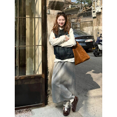 批发韩系慵懒风牛仔马甲卫衣套装女2026春季灰色<b class='q'>半身裙</b>高级感休闲穿搭
