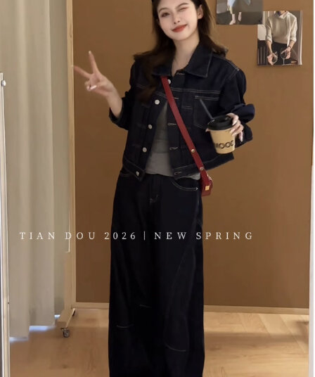 jwuw 새로운 폴로 칼라 단추 이후 레이스업 쇼트 스타일 데님 재킷 원본 암소 명시적 스티치 분할 모통이 칼 바지