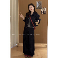 批发JWUW新款翻领纽扣后系带短款牛仔外套原牛明线分割弯刀裤