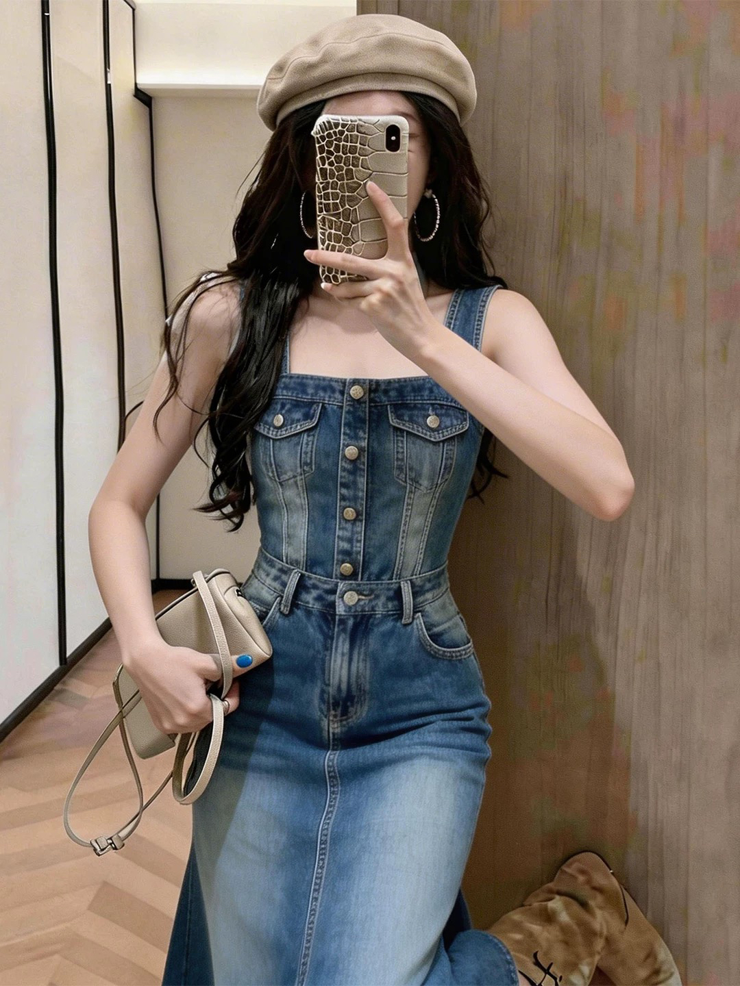 품격 파란색 데님 민소매 조끼 여성 드레스 2026 여름 특별 아름다운 꼬집기 허리 자이언트 잘 생긴 길다 치마