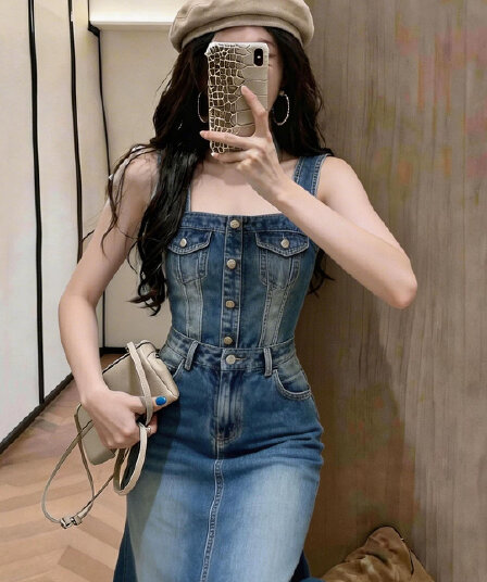 품격 파란색 데님 민소매 조끼 여성 드레스 2026 여름 특별 아름다운 꼬집기 허리 자이언트 잘 생긴 길다 치마