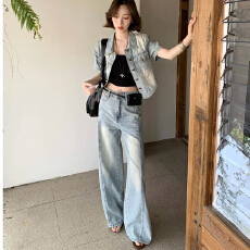 批发美式做旧重工牛仔套装短袖衬衫高腰外套+慵懒宽松阔腿裤垂感微喇