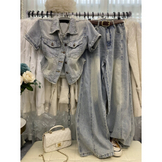 批发美式做旧重工牛仔套装短袖衬衫高腰外套+慵懒宽松阔腿裤垂感微喇