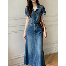 批发港风复古高级感2026春季新款收腰显瘦蓝色短袖<b class='q'>翻领</b>牛仔<b class='q'>连衣裙</b>女装