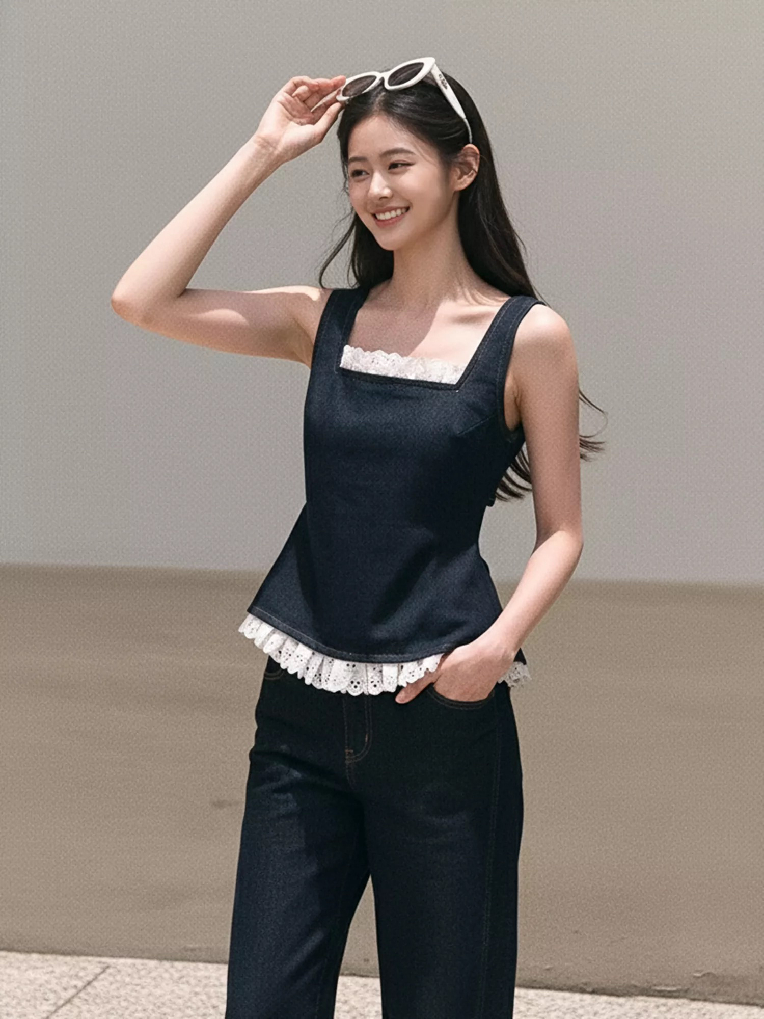 있으라. 햇빛 일 건조 ~을 통해 보헤미안 레이스 데님 캐미솔 맨위 와이드 레그 팬츠 휴가 바람 데님 세트