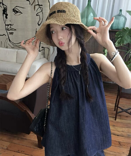 장 베이 베이 ibell 국방 페이딩 크메르어 데님 세트 나비 매듭 행침 목 인형 셔츠 레트로 항구 바람 와이드 레그 팬츠