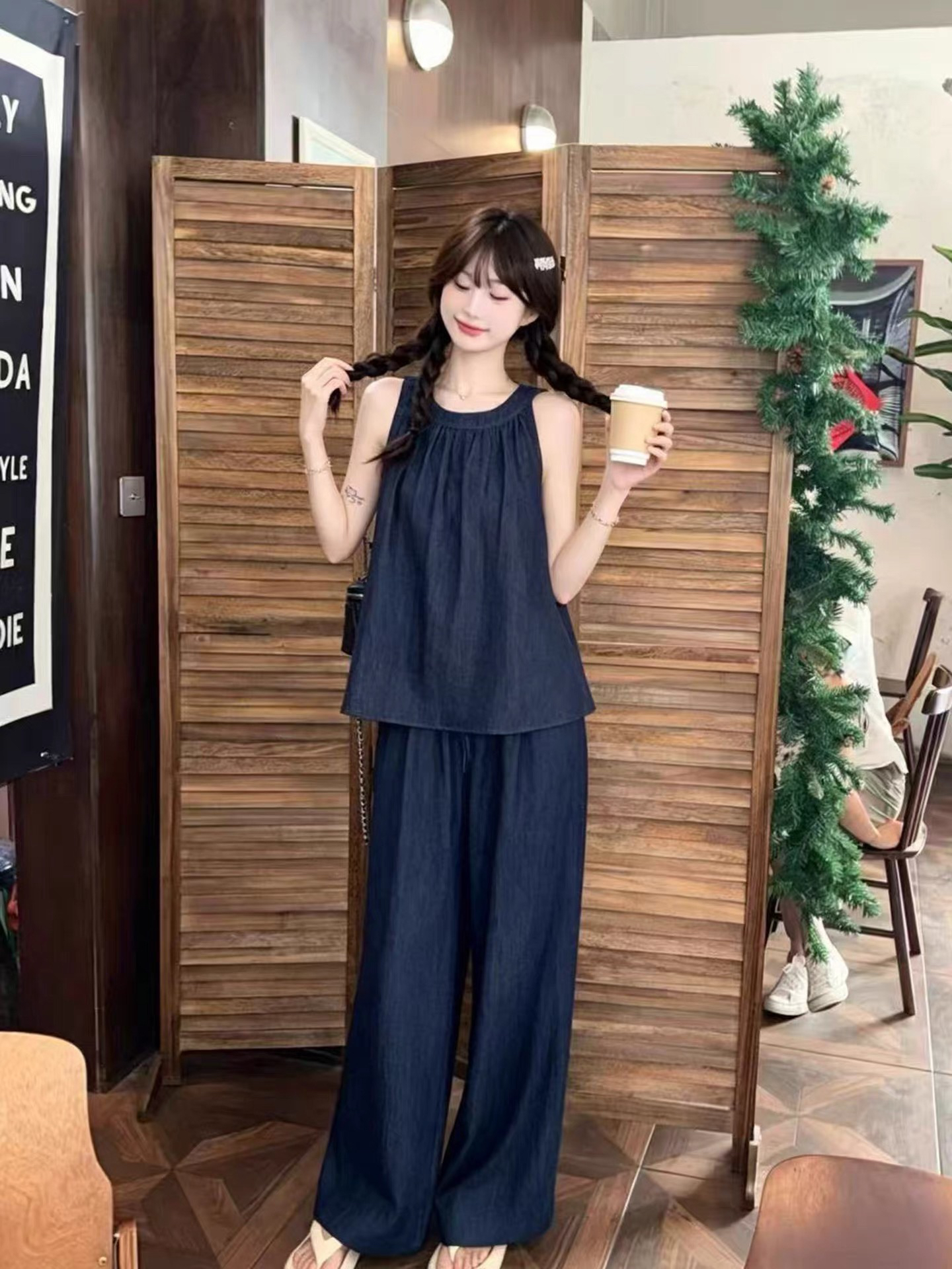 레트로 나비 매듭 인형 셔츠 행침 목 데님 세트 여성 2026 봄 새로운 루즈핏 와이드 레그 팬츠 어린이 투피스 세트