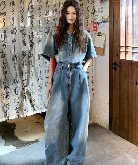 다시 차가운 다시 바람의 소리 데님 올인원 바지 세트 여성 여름 얇은 스타일 슈퍼 화재 잘 생긴 루즈핏 슬림해 보이는 캐주얼 넓은 다리 원피스 의류