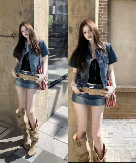 레트로 핫걸 데님 세트 여성 루즈핏 슬림해 보이는 재킷 순수한 욕망 로우 웨이스트 치마바지 투피스 세트 트렌디