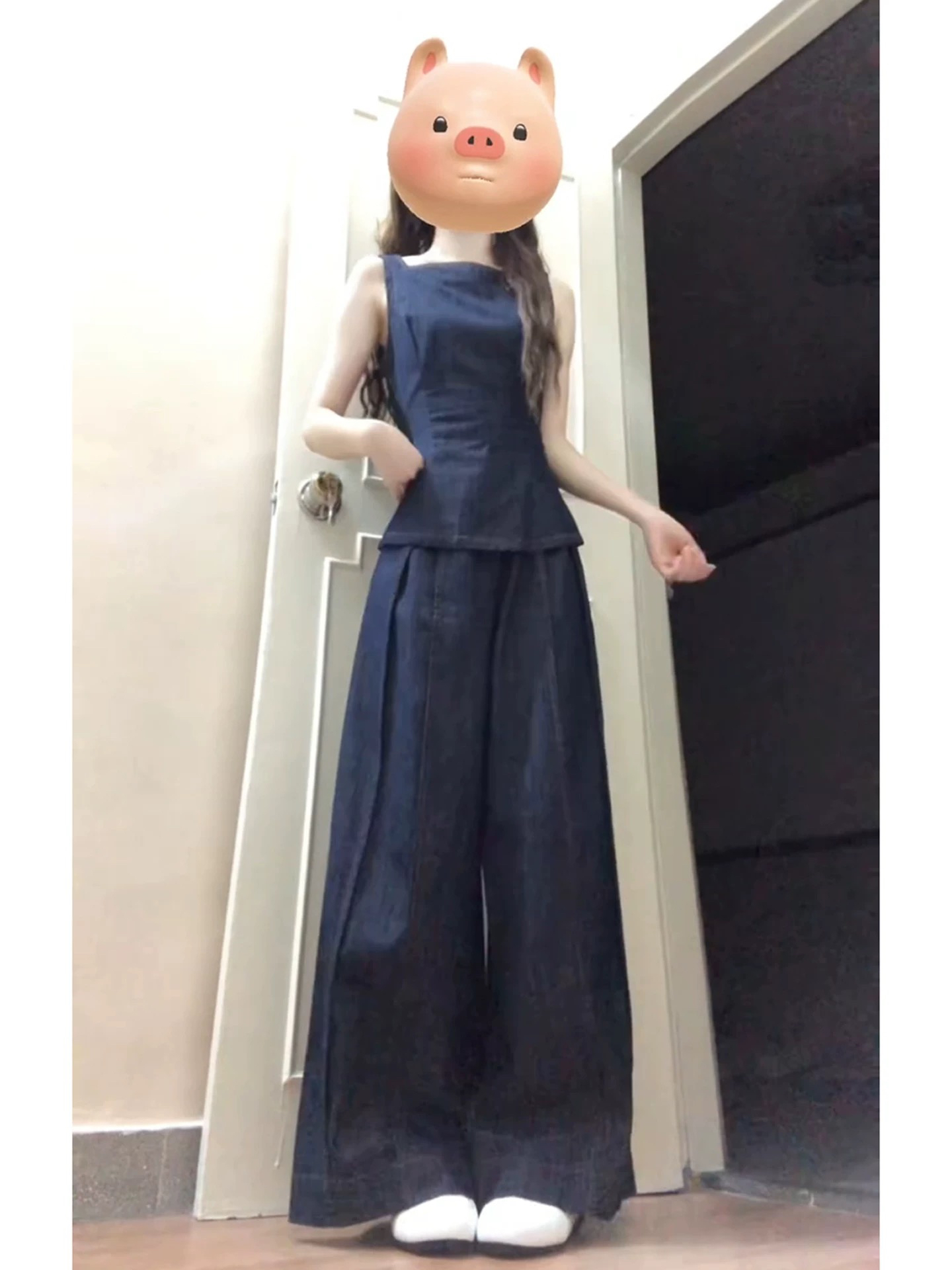 파란색 와이드 팬츠 데님 세트 여성 여름 2026 새로운 고유 한 아름다운 자이언트 잘 생긴 한 부서 착용 가져 가라. 전체 집합