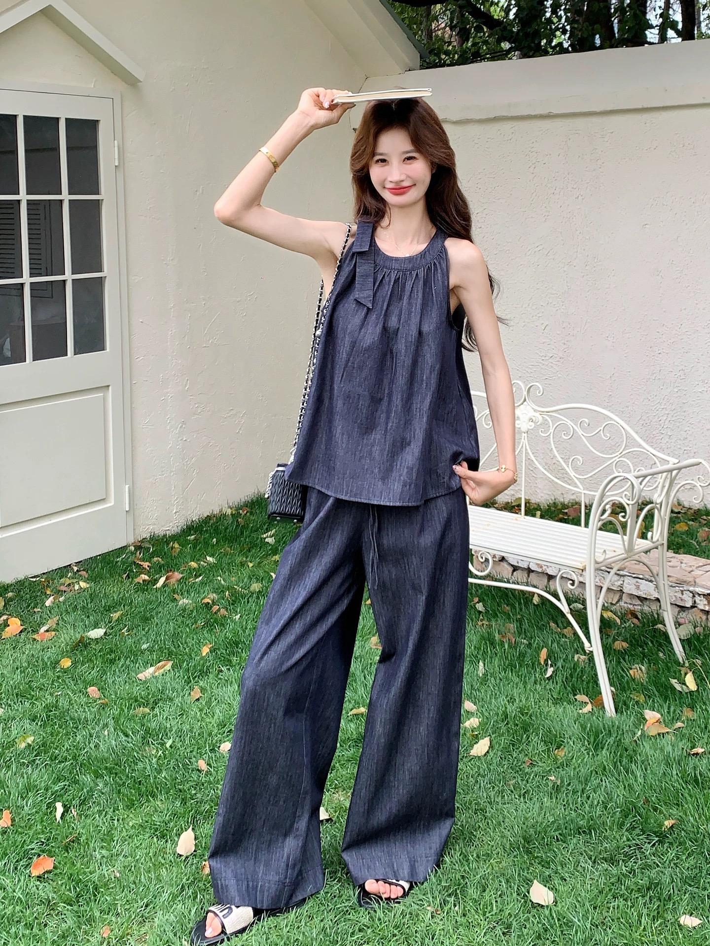 레트로 나비 매듭 행침 목 데님 조끼 캐주얼 와이드 레그 팬츠 두 조각 여성 세트 2026 여름 ootd 착용 가져 가라. 세트