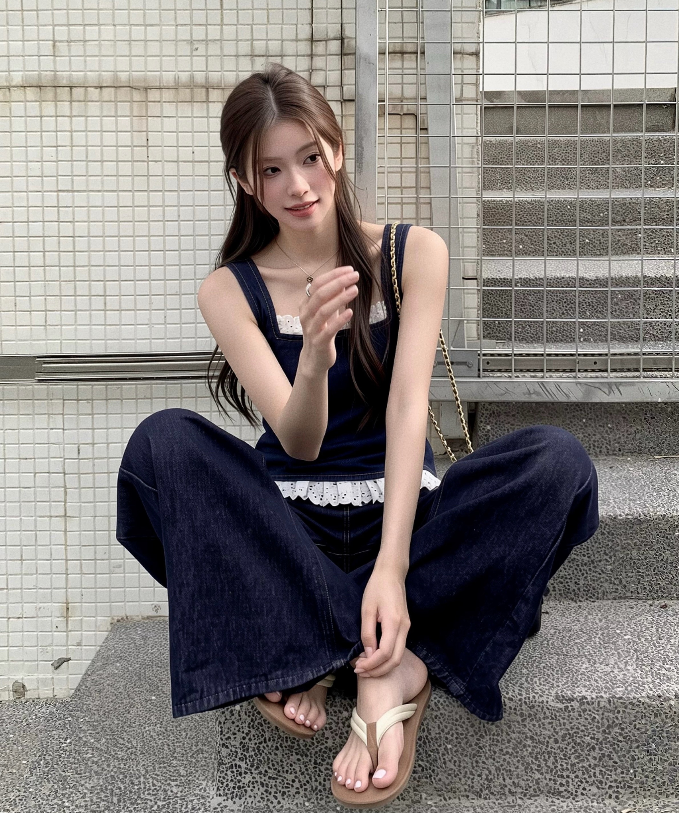 moxi 있으라. 햇빛 일 건조 ~을 통해 보헤미안 레이스 데님 캐미솔 와이드 레그 팬츠 휴가 바람 세트