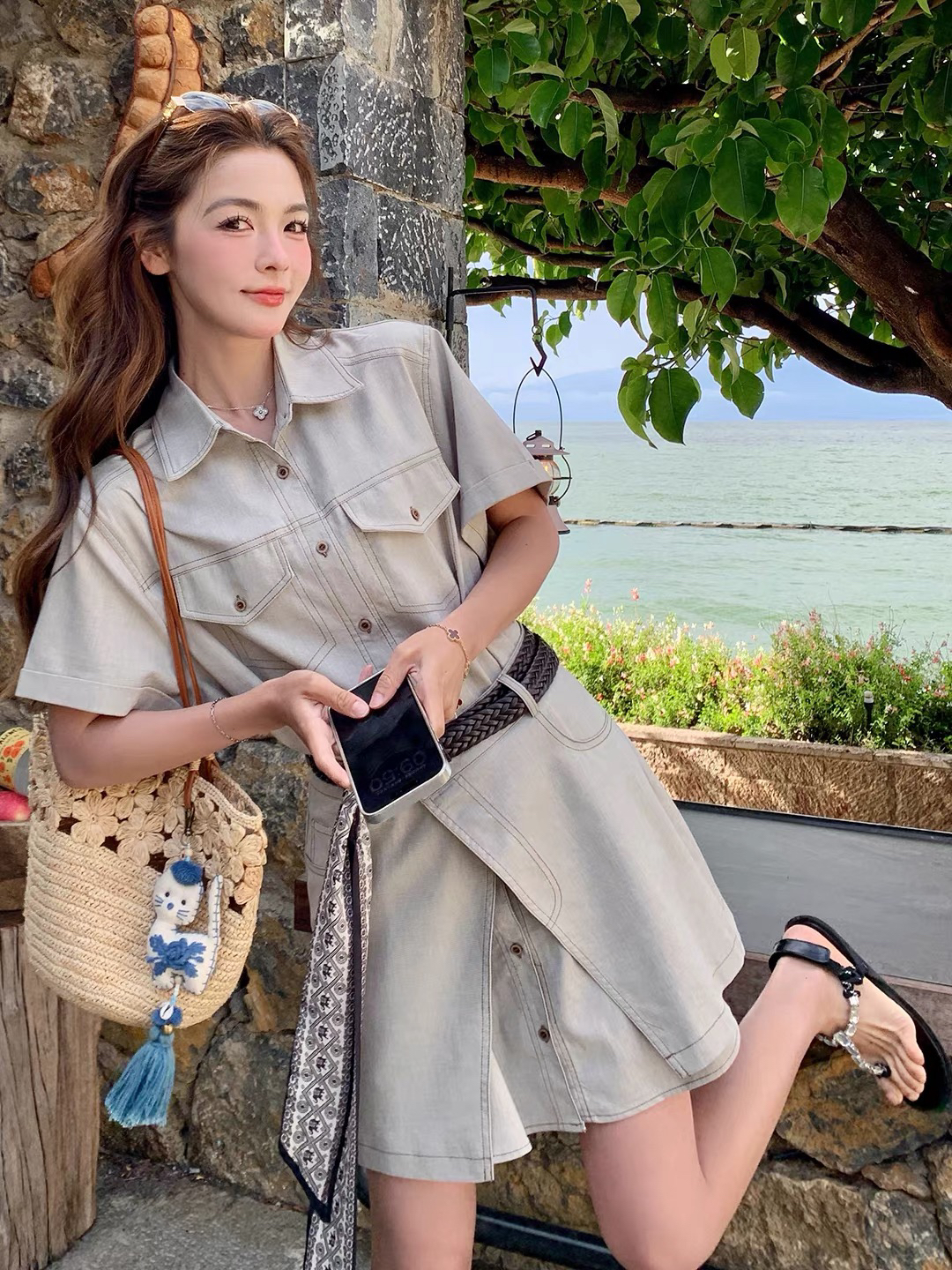 슈퍼 화재 인기 워크웨어 셔츠 점프 슈트 치마 세트 여성 여름 한 부서 작은 키 방귀 커튼 반신 스커트 투피스 세트 트렌디