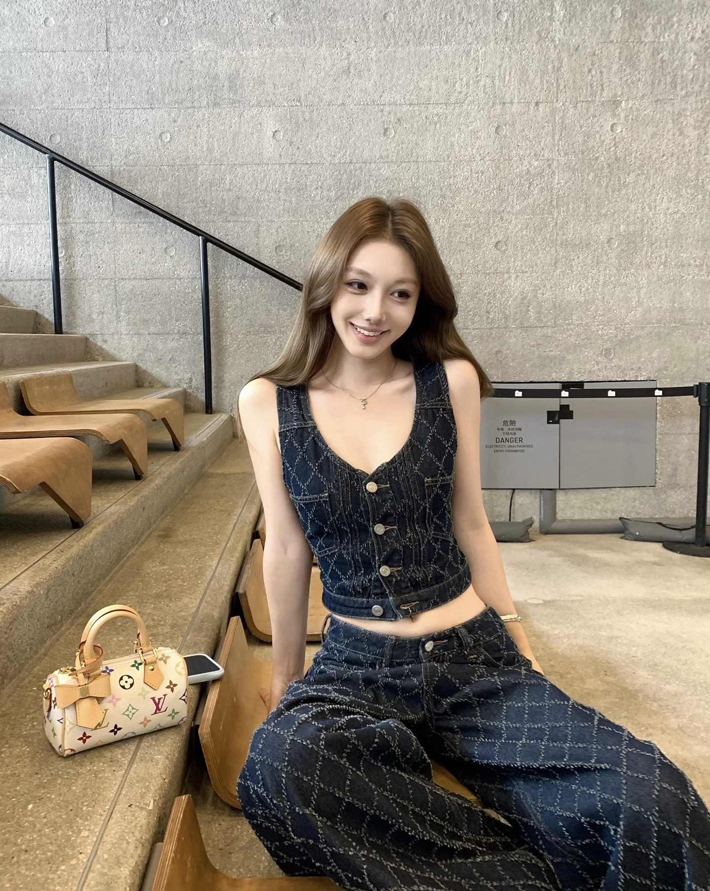 밤나무 코코아 bankelili 고대 복장 링 그리드 원색 링 그리드 자수 데님 베스트 데님 스트레이트 팬츠 여성