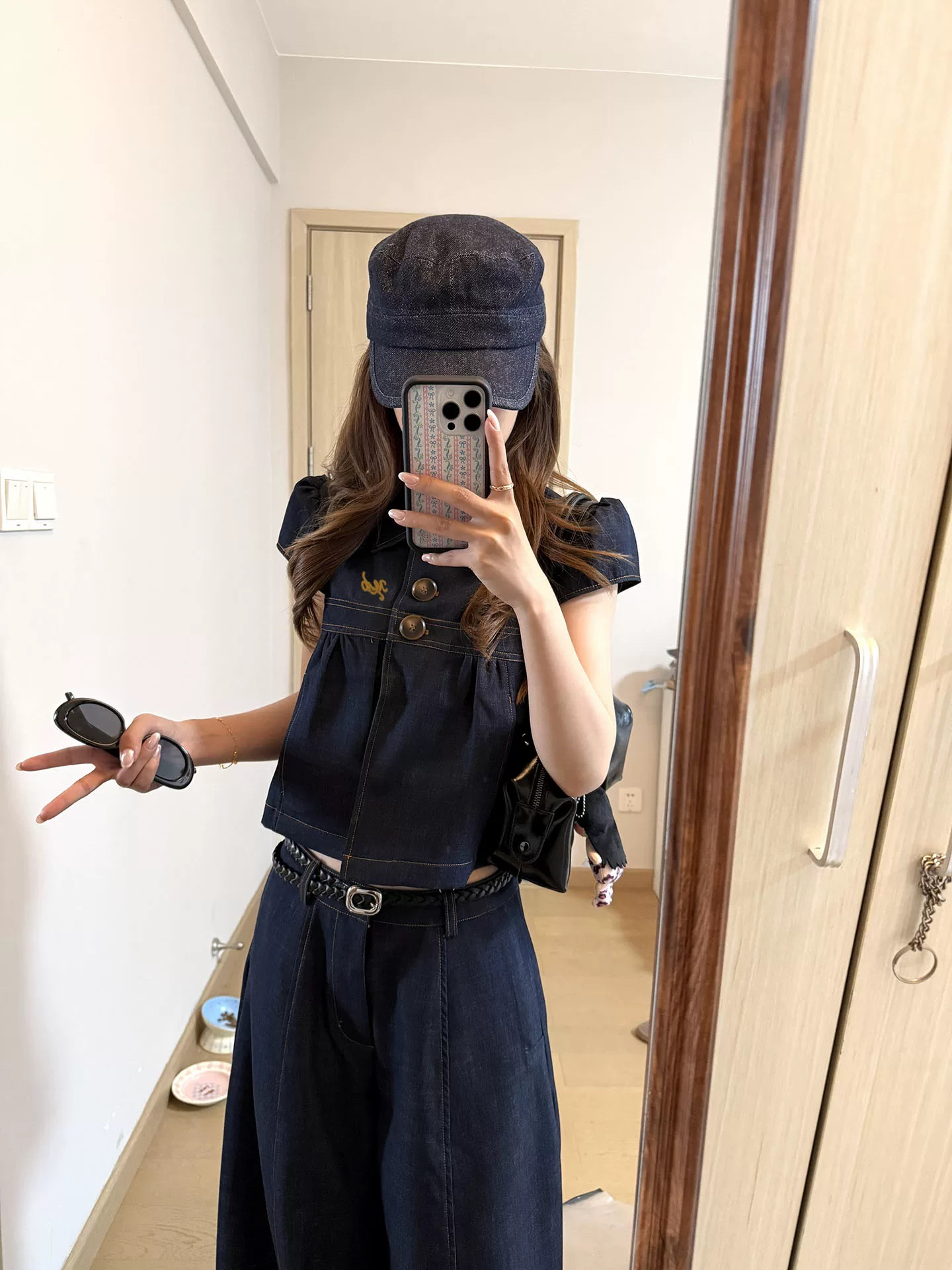 여름 착용 가져 가라. 전체 집합 모방 데님 셔츠 맨위 직선 통과 와이드 레그 팬츠 잘 생긴 아름다운 투피스 슈트 여성 여름