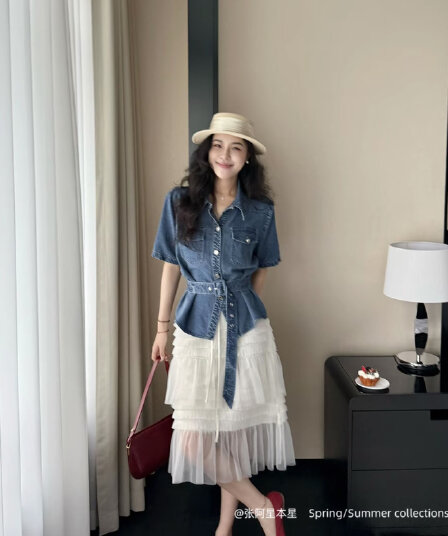 장 A 스타 데님 달콤한 리플 프랑스식 분위기 센스 데님 블루 다용도 셔츠 화이트 망사 패치워크 케이크