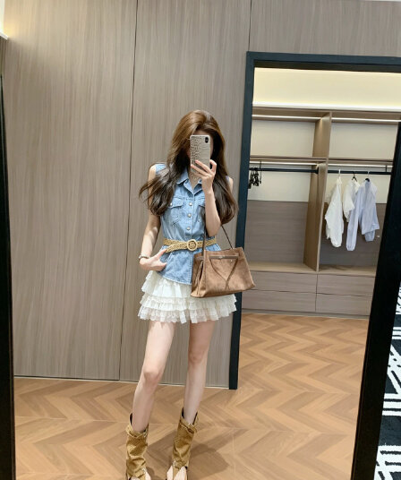 캐주얼 패션 작은 대중 느긋한 바람 몸매 가꾸기 슬림해 보이는 인터넷 유명인 착용 잡아라. 의류 품격 허리 수축 한 마디 반신 치마 세트