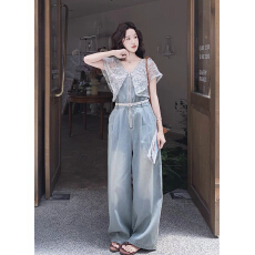 批发法式纯欲风蕾丝荷叶边牛仔<b class='q'>连体</b><b class='q'>裤</b>女2026夏新款高腰显瘦气质<b class='q'>连身</b><b class='q'>裤</b>