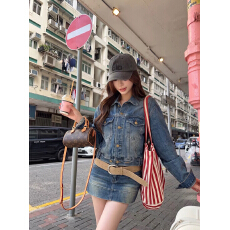 批发美式辣妹套装蓝色复古牛仔外套女夏季性感短裙包臀裙<b class='q'>半身裙</b>两件套