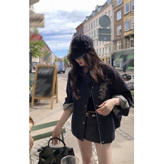 批发<b class='q'>夏</b>诗文棉斜纹重工花卉刺绣原色牛仔外套女早秋立领落肩上衣