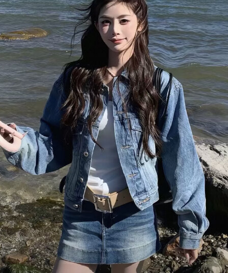 3mer 오. 오. 세 자매 한 부서 연령 감소 파란색 데님 재킷 반신 치마바지 세트 여성 봄 가을 새로운 투피스 세트
