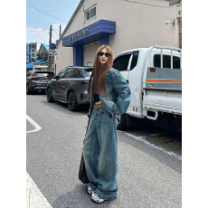 批发方汀FANGTING牛仔<b class='q'>套装</b>女秋外套一整套复古酷飒夹克阔腿<b class='q'>长裤</b>两件套