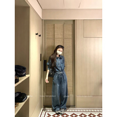 批发Xxiiuu【随性自由】秋款收腰牛仔连体<b class='q'>裤</b><b class='q'>女长袖</b>宽松阔腿工装<b class='q'>连身</b><b class='q'>裤</b>