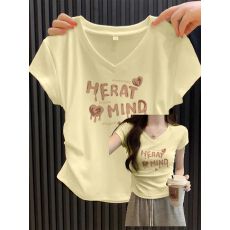 批发g纯棉正肩辣妹V领褶皱短袖T桖女夏季收腰显瘦设计感短款上衣女