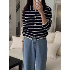 批发秋季新款<b class='q'>韩国</b><b class='q'>正品</b>东大门<b class='q'>代购</b>TIZZI横条纹小翻领短款针织开衫