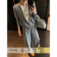 批发区区欧阳假两件针织衫女春季新款慵懒风开衫毛衣宽松复古<b class='q'>长袖</b>上衣
