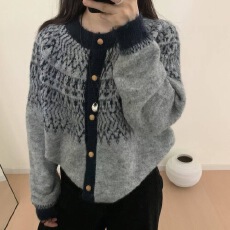 批发复古撞色提花高级感宽松毛衣外套<b class='q'>女</b>秋冬新款韩系软糯百搭<b class='q'>针织</b><b class='q'>开衫</b>