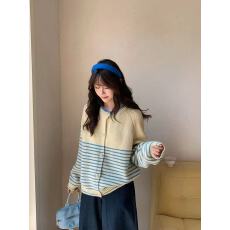 批发法式复古文艺慵懒风条纹<b class='q'>针织</b><b class='q'>开衫</b><b class='q'>女</b>秋冬宽松百搭外套上衣