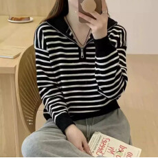 批发翻领半拉链条纹套头毛衣女秋新款宽松休闲慵懒风时尚针织衫