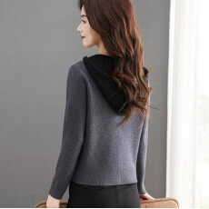 批发件针织开衫女春秋短款时尚连帽双拉链拼色毛衣外套2025年新款