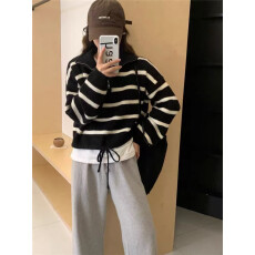 批发韩版减龄翻领条纹系带毛衣女新款欧货遮肉宽松显瘦打底内搭针织衫