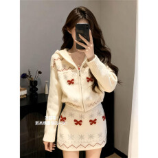 批发套装韩系甜妹<b class='q'>可爱</b>蝴蝶结连帽毛衣显瘦百搭针织上衣短裙两件套