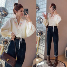 批发新中式国风盘扣长袖针织开衫毛<b class='q'>衣外套</b>+高腰弹力显瘦老爹裤牛仔裤