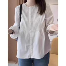 批发涤纶大码圆领褶皱拼接长袖<b class='q'>衬衫</b>胖MM女秋季新款显瘦针织上衣