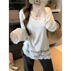 批发大码 温柔风白色蕾丝花边V领长袖T恤女秋<b class='q'>冬</b>气质宽松打底上衣