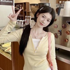 批发大码 黄色甜辣妹长袖T恤<b class='q'>秋</b>季新款纯欲风修身上衣潮