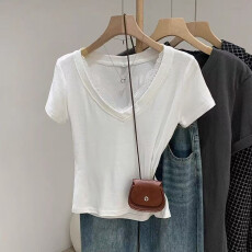 批发支纯棉美式甜辣V领撞色拼接印花短袖<b class='q'>T</b><b class='q'>恤</b>女修身百搭显瘦辣妹上衣