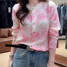 批发实价 2026年春季新款小众粉色印花针织<b class='q'>开衫</b>长袖时尚温柔上衣<b class='q'>女</b>