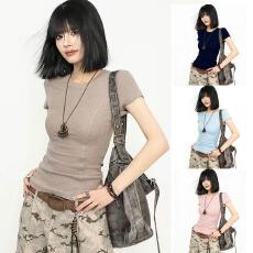 批发实价 夏季新款经典百搭复古正肩短袖上衣女马甲线修身显瘦气质t恤