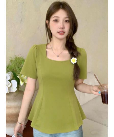 빅 사이즈 버터 과일 녹색 광장 칼라 반팔 티셔츠 여성 여름 프릴 맨위