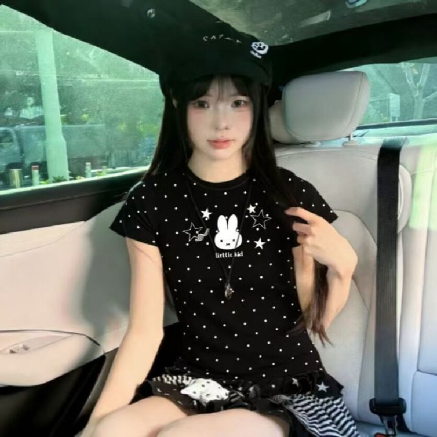 빅 사이즈 달콤함 도트 무늬 토끼 별 반팔 여성 티셔츠 여름 몸매 가꾸기 한 부서