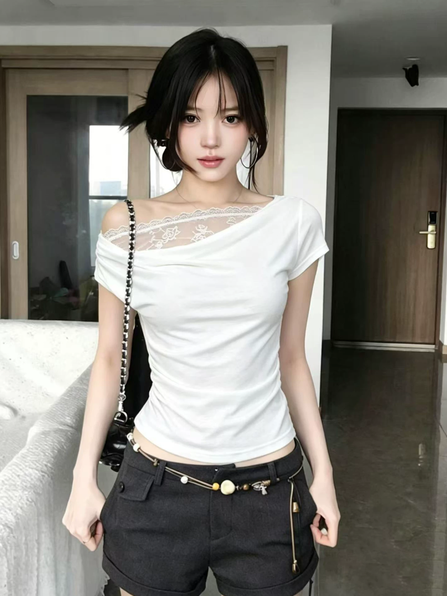 빅 사이즈 한 부서 비스듬한 오프숄더 레이스 레이스 반팔