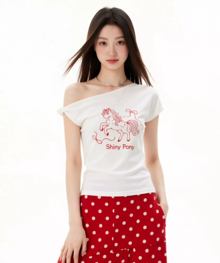 빅 사이즈 순수한 욕망 바람 화이트 비스듬한 어깨 반팔 티셔츠 여성 여름 한 부서