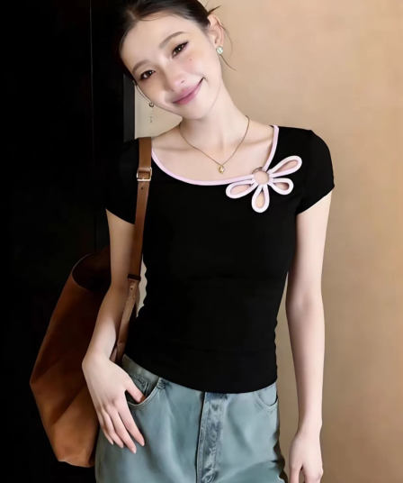 빅 사이즈 검정색 패치워크 작은 대중 꽃 홀로우 아웃 Chic 티셔츠